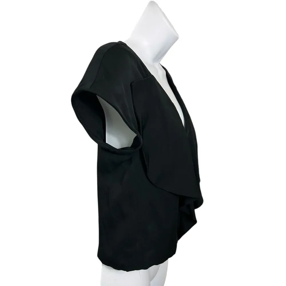MILLY Black Crop V-Neck Blouse Sz 4 Silk Minimalist Fashion Ruffle Top Classic